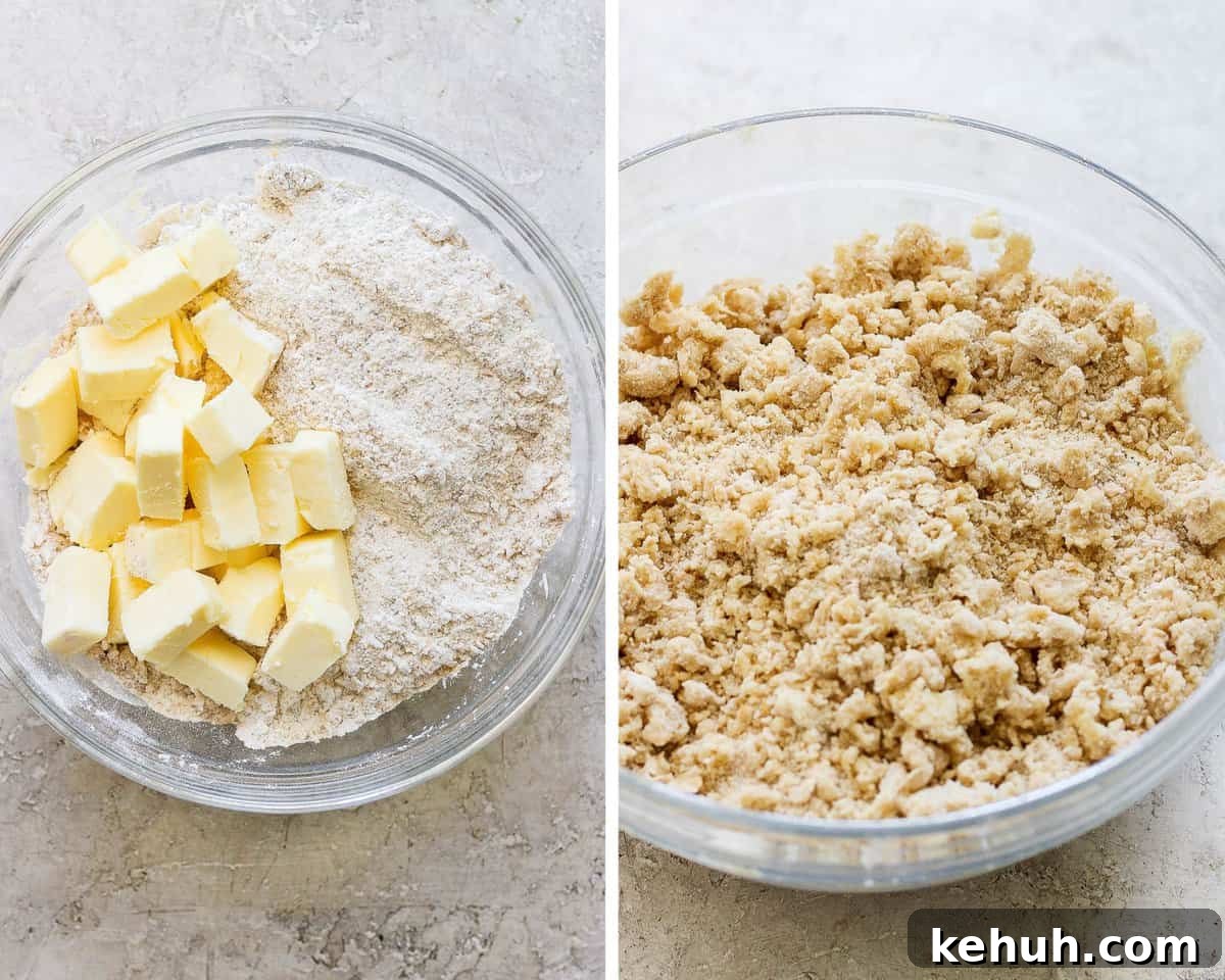 Cubes of butter in the flour mixture.  Then a photo of the butter mixed into the flour mixture.