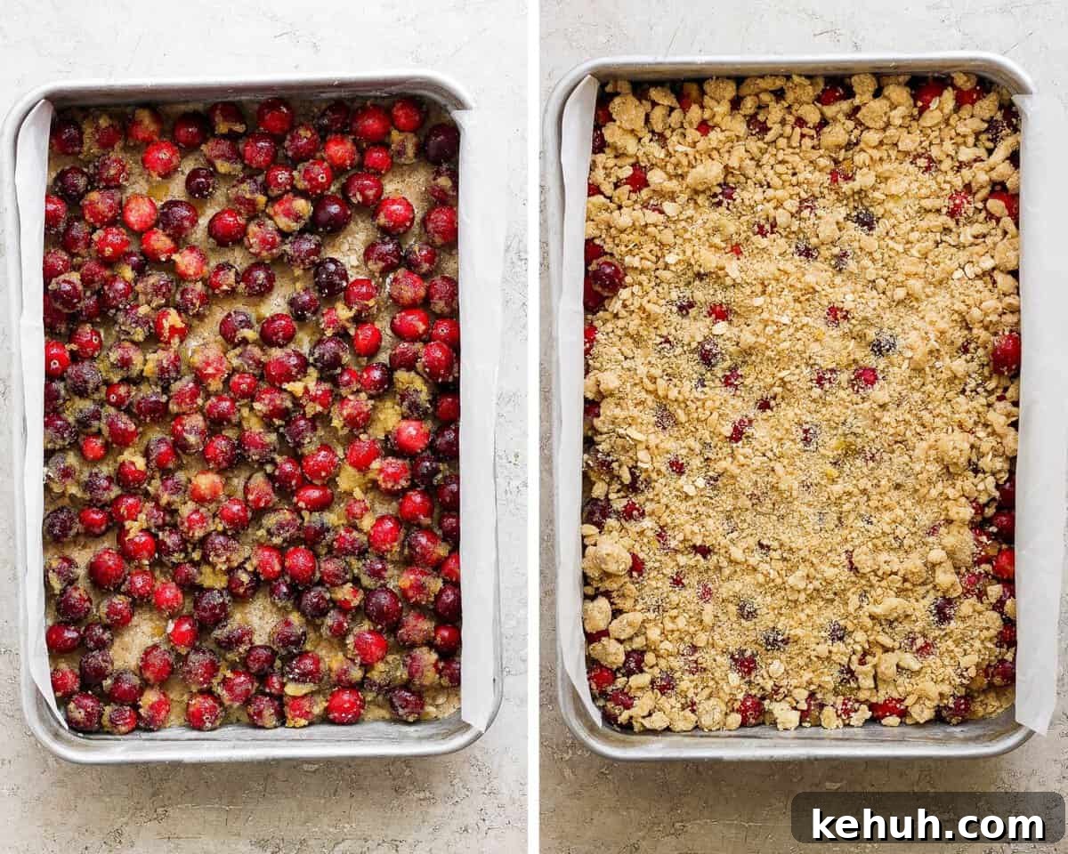 Coated cranberries on top of the crust mixture in the baking dish.  Then the remaining butter and flour mixture poured over the top of the cranberries.