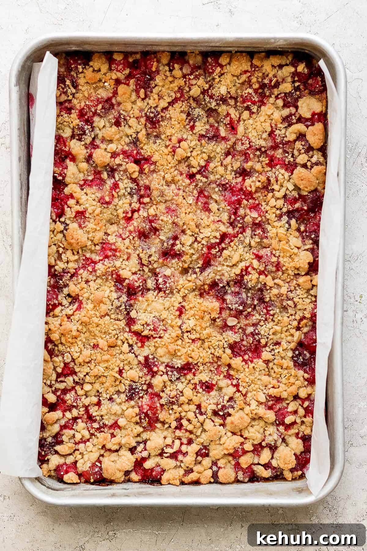 A pan of cooked cranberry bars.
