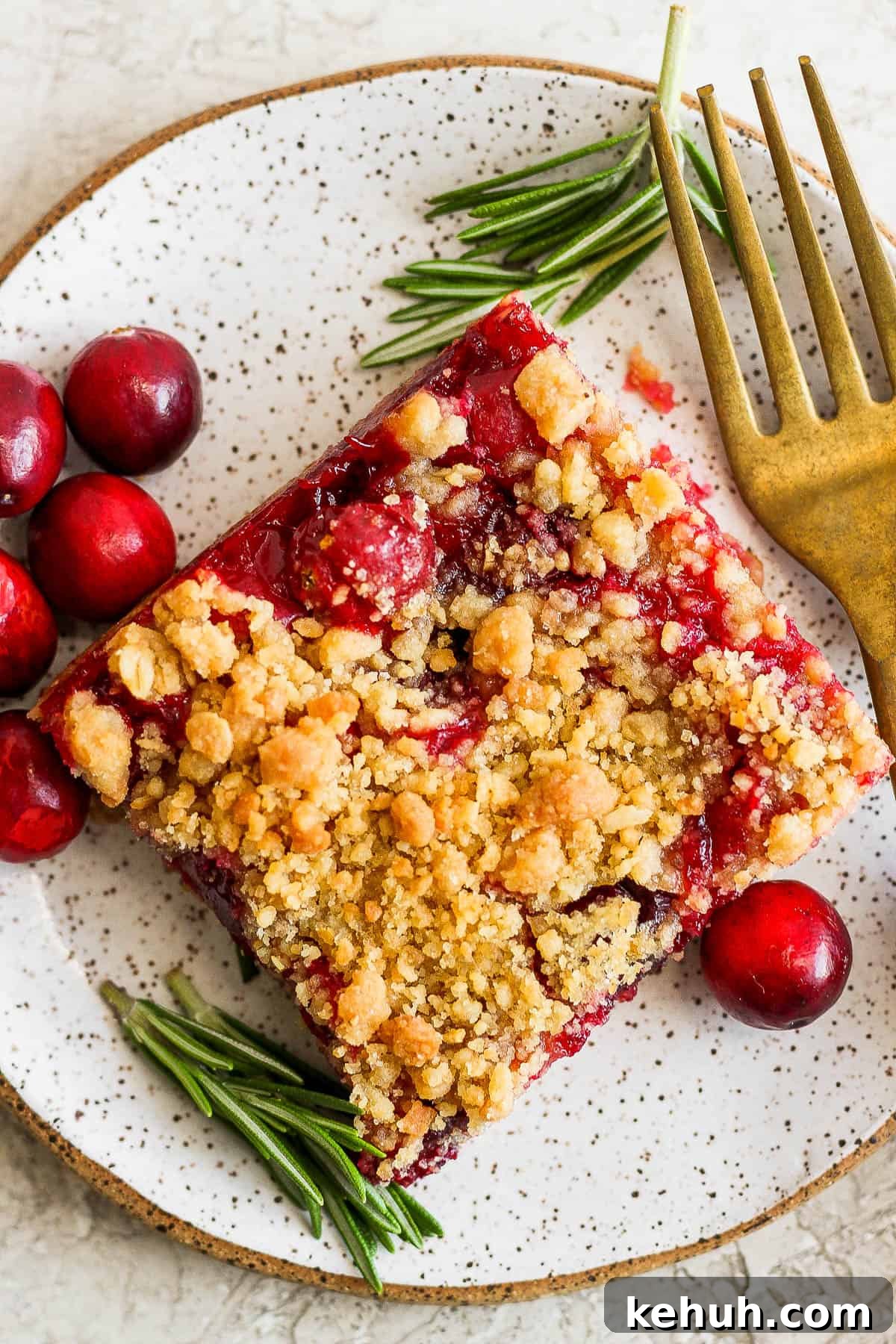 A cranberry bar on a plate alongside a fork, fresh rosemary, and fresh cranberries.