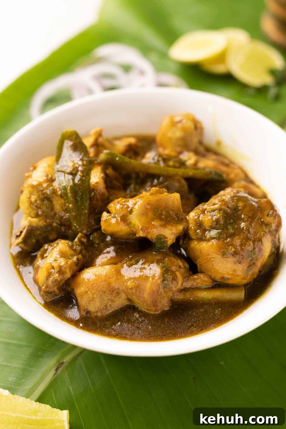 shot of andhra chilli chicken in a white bowl