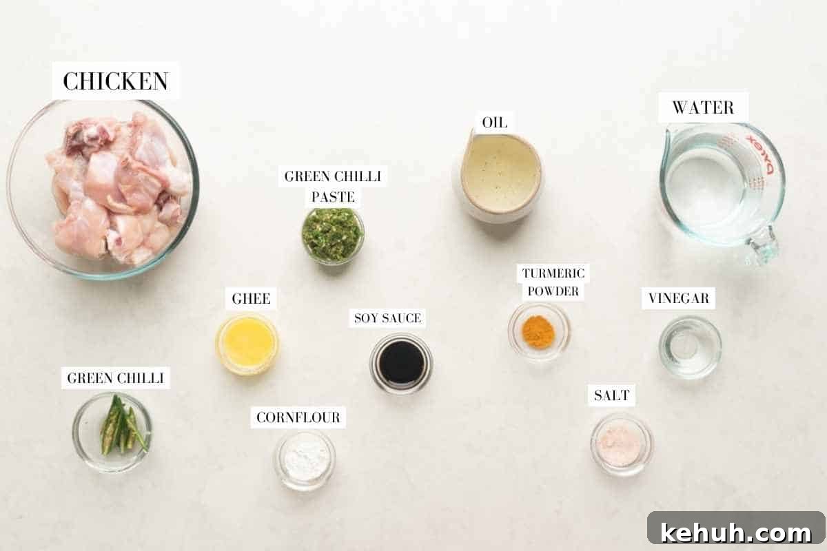Picture of all the ingredients for andhra chilli chicken with text to identify them