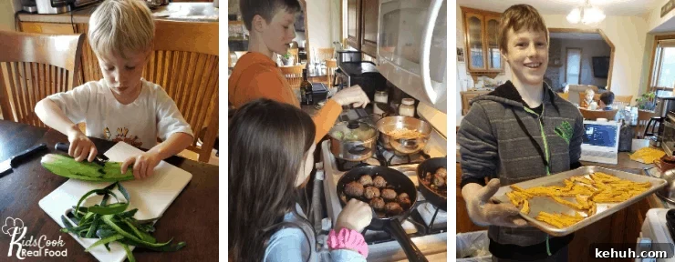 children in the kitchen peeling cucumbers working at the stove and baking sweet potatoes