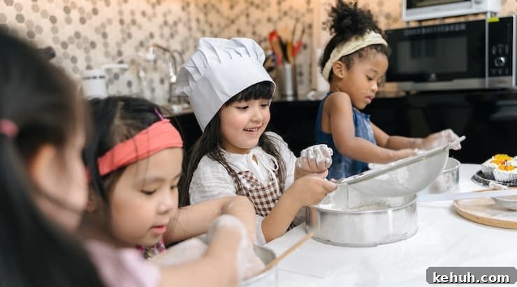 girls sitting at a table and cooking