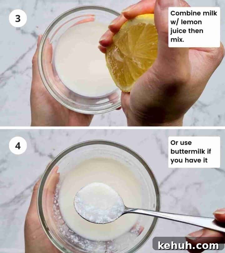 2 step instruction collage of making buttermilk with captions