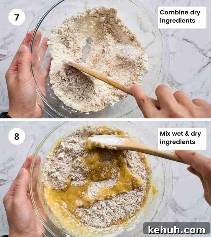 2 step instruction collage of mixing wet with dry ingredients with captions