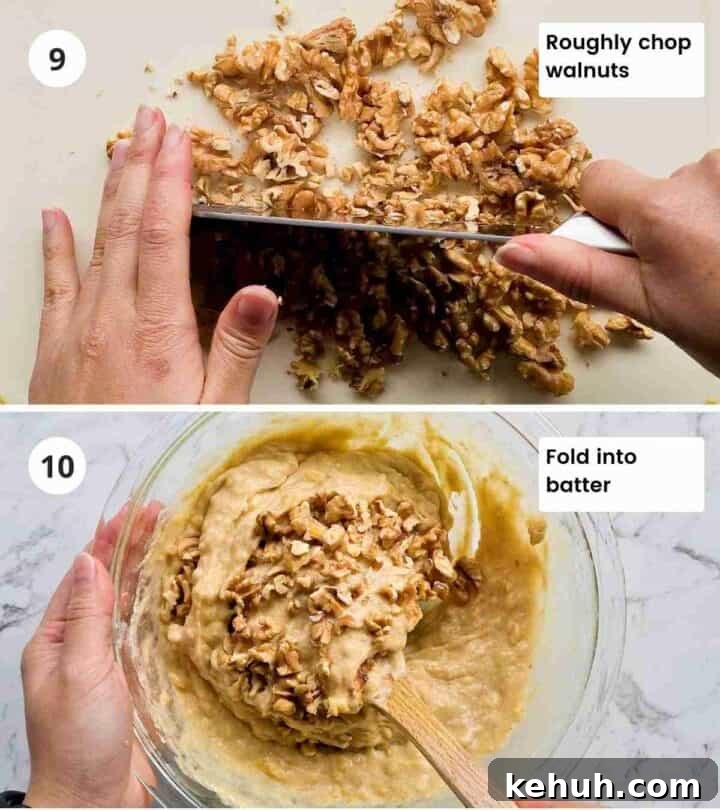 2 step instructino collage of chopping walnuts and adding it into the batter with captions