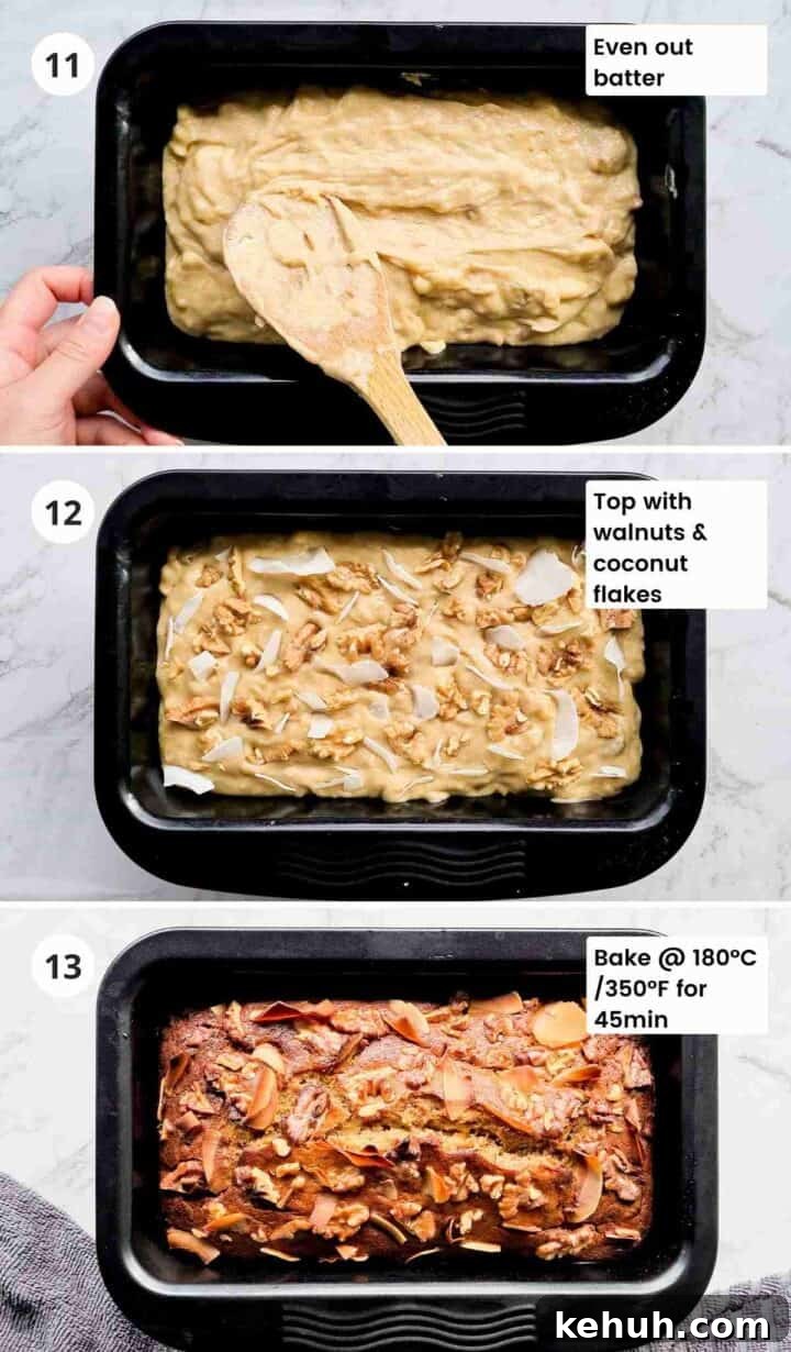 3 step instruction collage of baking banana bread with captions
