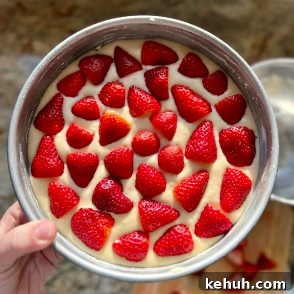 Sourdough Peach Crumb Pie Recipe with Flaky Rustic Crust 15 Sourdough strawberry cake topped with fresh strawberries in a round pan.