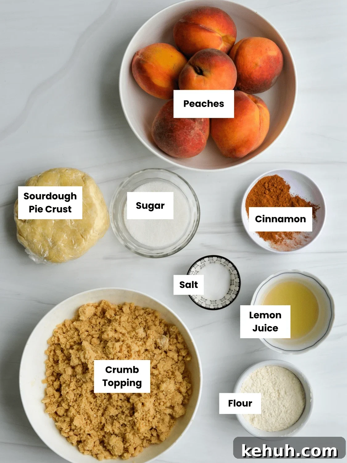 Sourdough Peach Crumb Pie Recipe with Flaky Rustic Crust 3 Ingredients include fresh peaches, sourdough pie crust, sugar, cinnamon, salt, lemon juice, flour, and crumb topping.