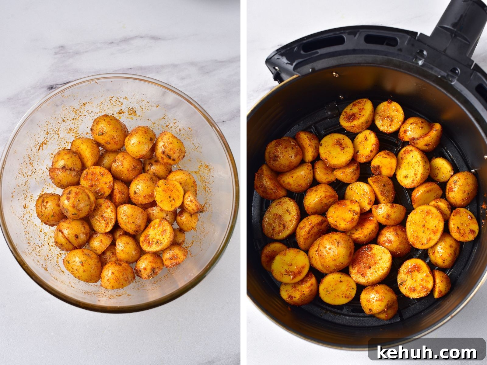 Crispy Air Fryer Baby Potatoes Recipe for Perfectly Roasted Bites 4 process pics of small potatoes in bowl and in air fryer