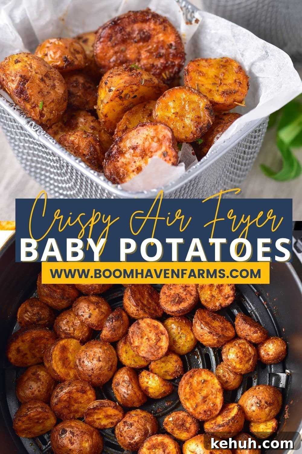 Crispy Air Fryer Baby Potatoes Recipe for Perfectly Roasted Bites 8 vertical collage image of baby potatoes in air fryer basket with text between the images