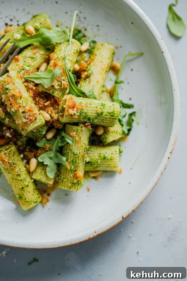 Arugula Pesto Pasta with Garlicky Breadcrumbs