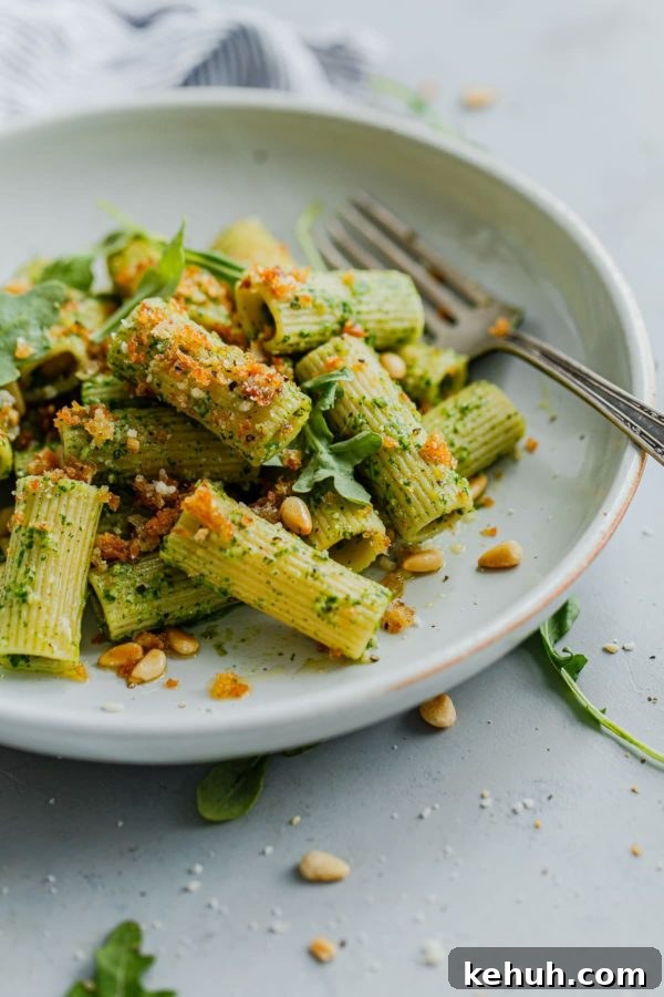Arugula pesto pasta topped with garlicky breadcrumbs Pasta with Arugula Pesto topped with Garlicky Breadcrumbs