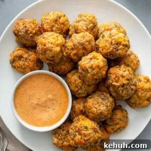 Overhead sausage balls on a plate with a bowl of remoulade sauce