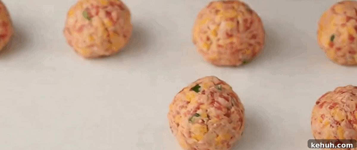 Sausage balls on a parchment lined baking sheet. 