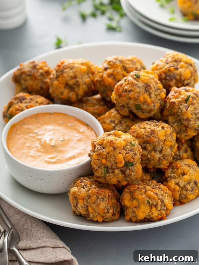 Bisquick sausage balls on a plate with a bowl of remoulade sauce
