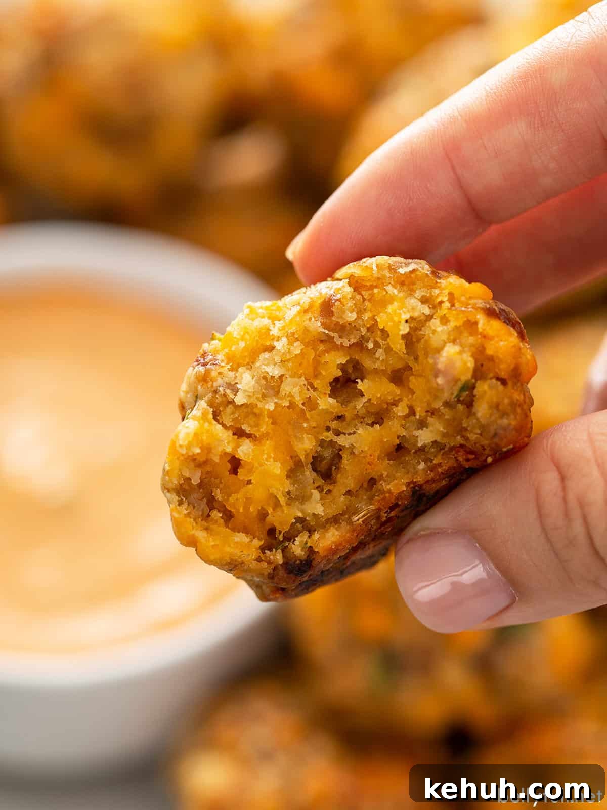 A hand holding a sausage cheddar ball in front of a bowl of remoulade sauce