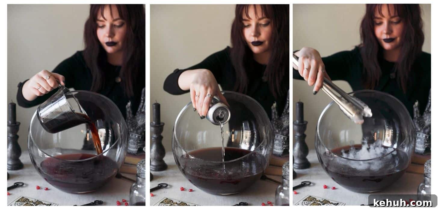 Spooky Witches Brew Punch Recipe for Halloween Parties 5 Three steps to making an alcoholic pitcher drink. In photo 1, a woman dressed in black is pouring pomegranate juice into a punch bowl on a white counter next to Halloween decorations, tarot cards, and old books. In photo 2, she is adding club soda. In photo 3, she adds dry ice.