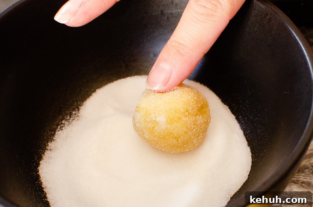 Thumbprint Cookies with Jam, Curd, or Chocolate Filling 14 Rolling the cookie dough balls in caster sugar in a black bowl