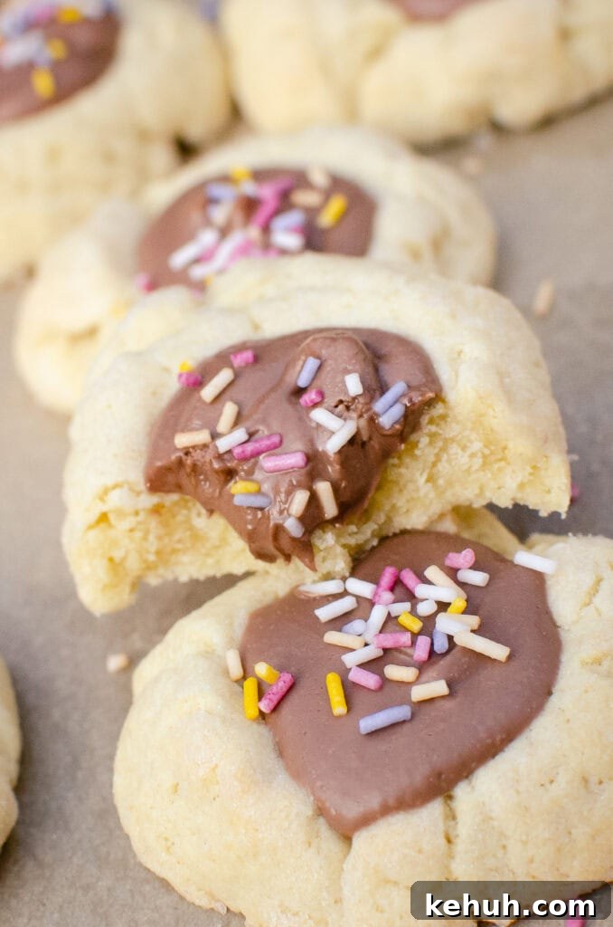 Thumbprint Cookies with Jam, Curd, or Chocolate Filling 19 Sprinkle covered chocolate thumbprint cookies stacked on top of each other, with 2 bites taken out of one.