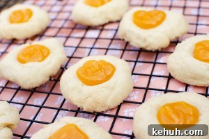 Thumbprint Cookies with Jam, Curd, or Chocolate Filling 10 Passion Fruit Thumbprint Cookies on a black cooling rack
