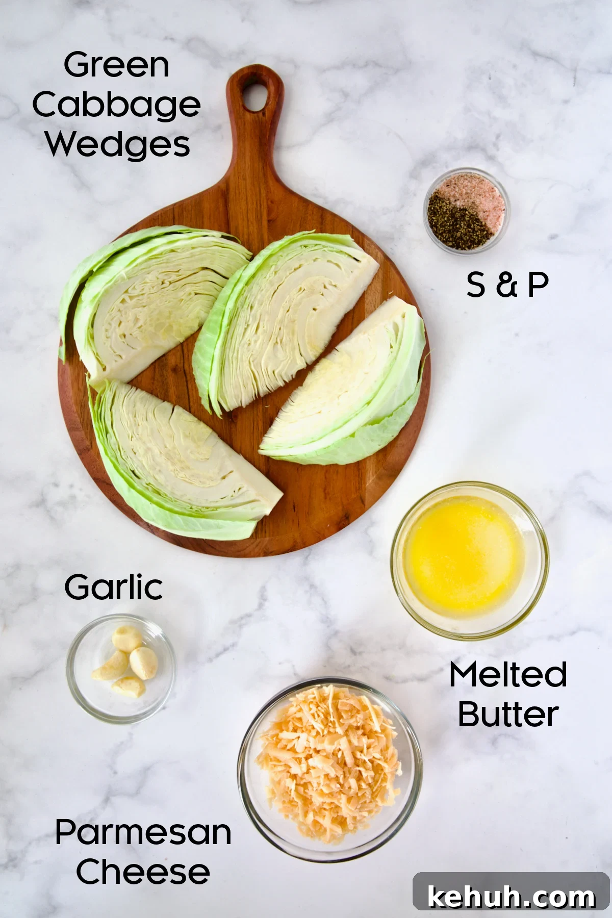 Ingredients for Baked Garlic Parmesan Cabbage Wedges in glass bowls.