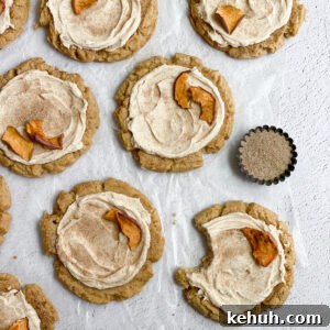 Soft Apple Cider Cookies Recipe with Warm Spices 17 apple cider cookies with a little bowl of cinnamon sugar and a bite missing from a cookie.