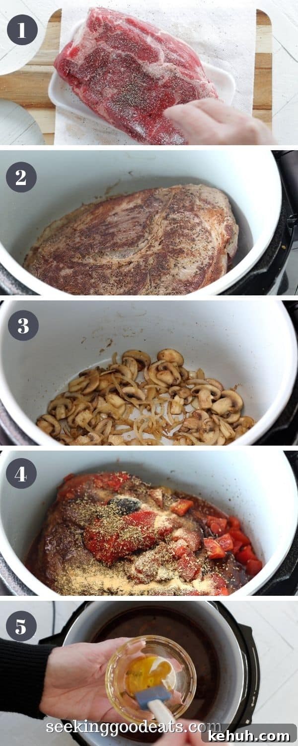 Juicy Ninja Foodi Pot Roast Recipe for Tender, Flavorful Beef 3 5 part image depicting how to make ninja foodi pot roast. Please see recipe card for full instructions.