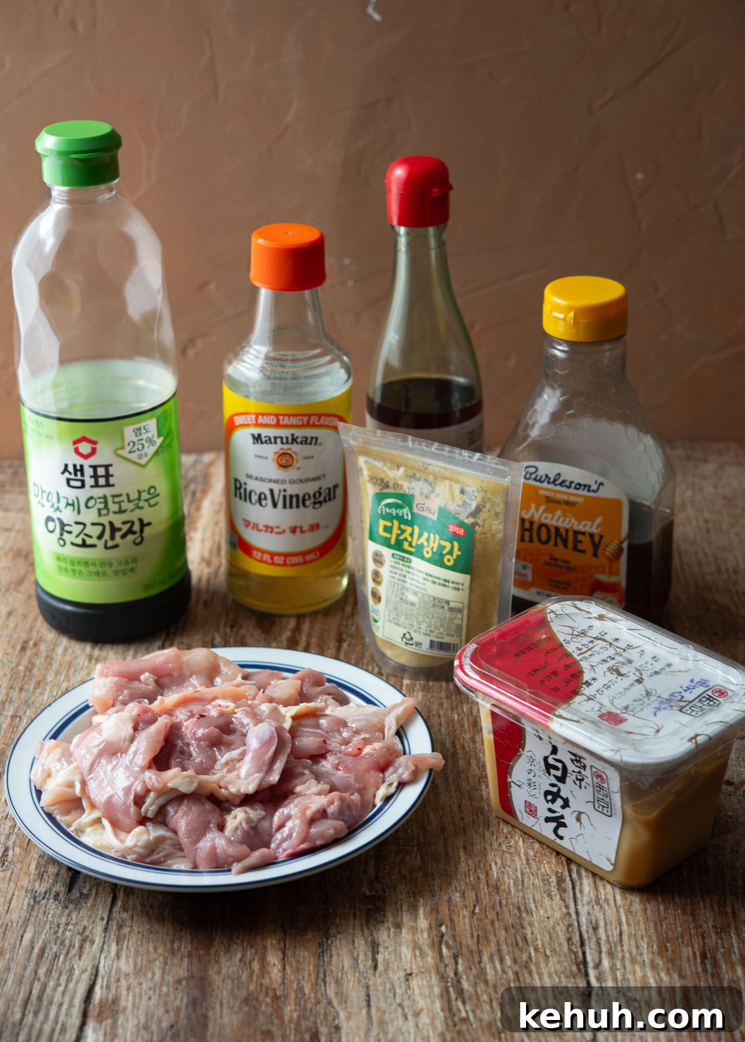Ingredients laid out for making miso chicken thighs