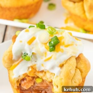 Spicy Chili-Stuffed Dinner Rolls: Savory Bite-Sized Appetizers 15 Chili stuffed rolls! Buttery biscuits surrounding chili and cheese, topped with sour cream and green onions.
