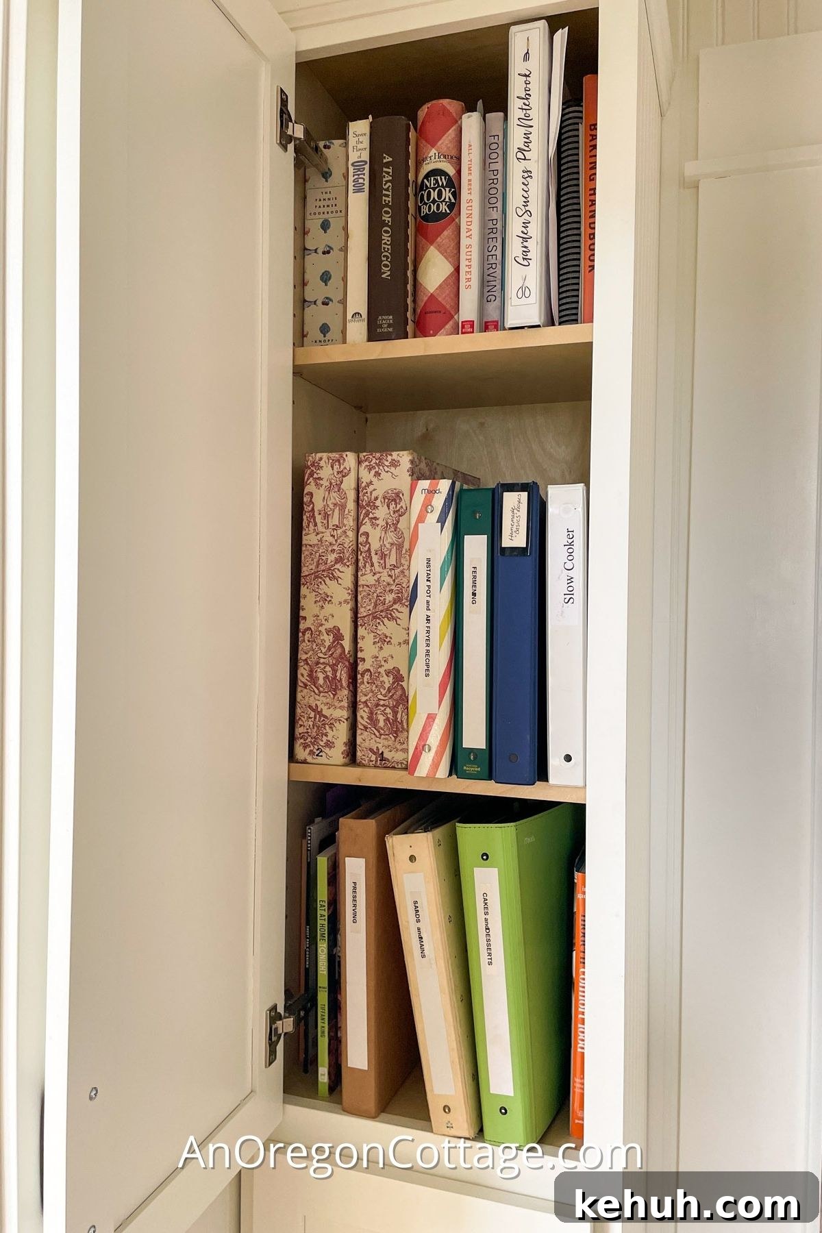 Cookbook Challenge: Cook All Year with Free Printable Meal Journal 3 shelves of cookbooks in cabinet