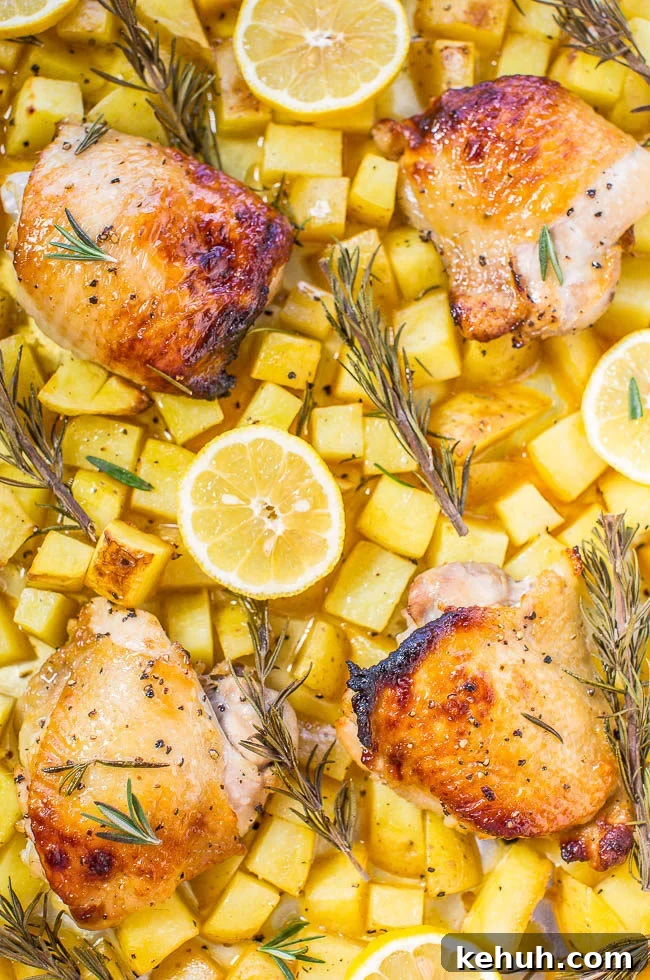 Honey Lemon Chicken with Crispy Roasted Potatoes 2 One-Pan Honey Lemon Chicken and Roasted Potatoes - Juicy chicken with a honey lemon glaze that's tangy-sweet and so good!! Healthy, fast, so easy, and cleanup is a breeze!!