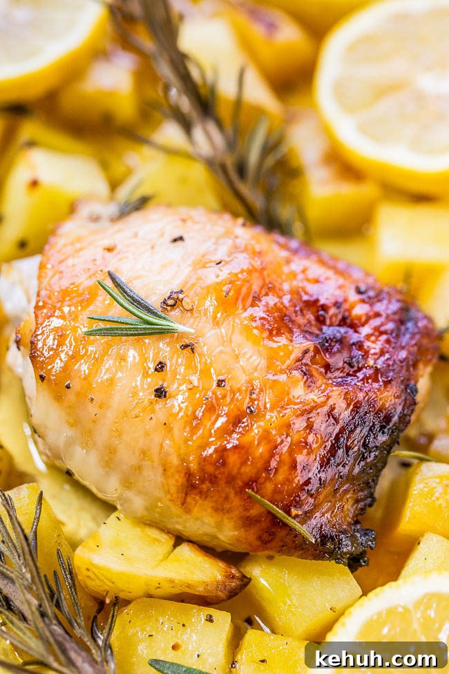 Honey Lemon Chicken with Crispy Roasted Potatoes 3 One-Pan Honey Lemon Chicken and Roasted Potatoes - Juicy chicken with a honey lemon glaze that's tangy-sweet and so good!! Healthy, fast, so easy, and cleanup is a breeze!!