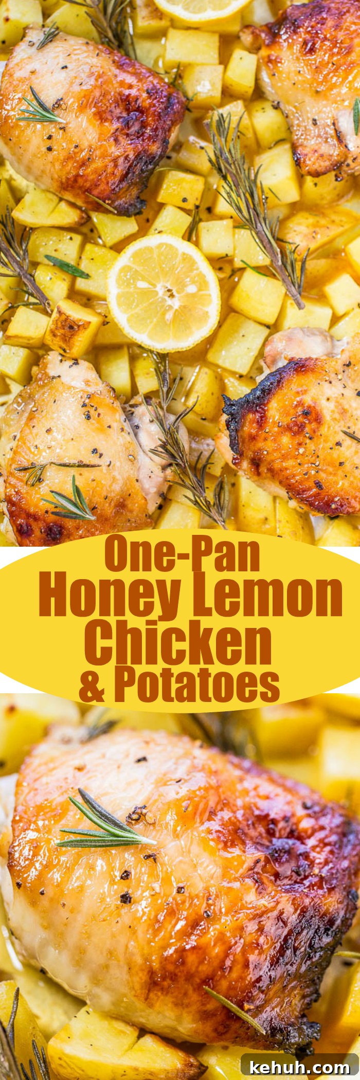 Honey Lemon Chicken with Crispy Roasted Potatoes 4 One-Pan Honey Lemon Chicken and Roasted Potatoes - Juicy chicken with a honey lemon glaze that's tangy-sweet and so good!! Healthy, fast, so easy, and cleanup is a breeze!!