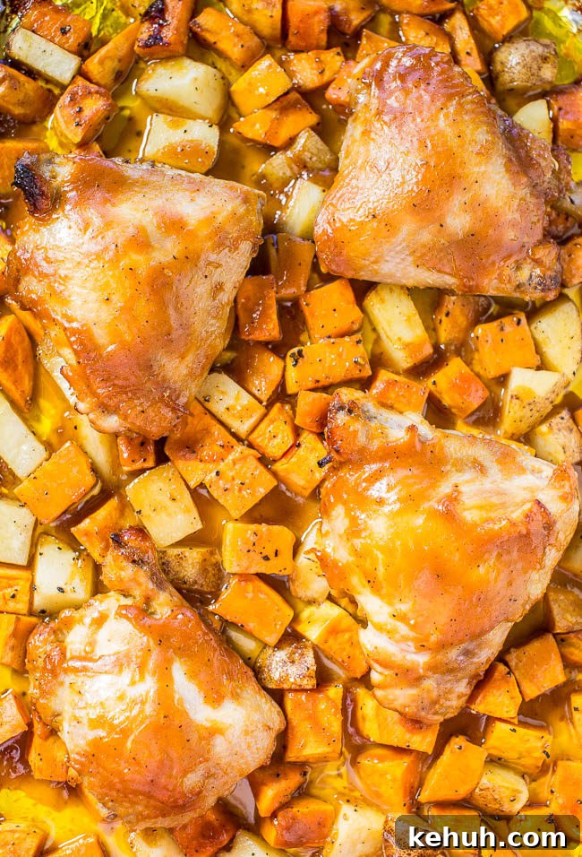 Honey Lemon Chicken with Crispy Roasted Potatoes 7 One-Pan Barbecue Chicken and Roasted Sweet Potatoes - Juicy chicken and tender potatoes roasted on one pan!! The barbecue sauce keeps everything super moist and flavorful!! Fast, easy, and zero cleanup!