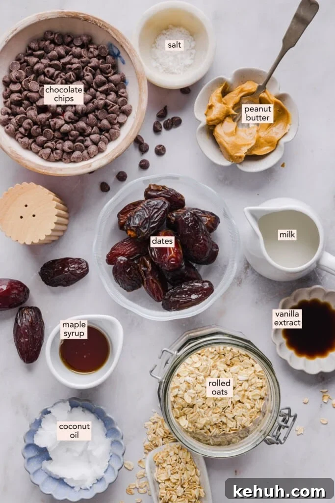 Ingredients for healthy twix bites on a countertop with labels.