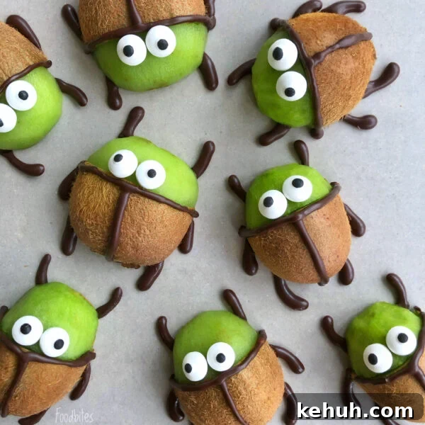 Beetlejuice Kiwis are decorated with chocolate and candy eyes to resemble cartoon beetles.