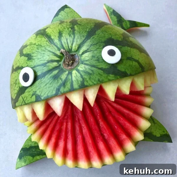 A watermelon carved to look like a shark, with a gaping mouth of red fruit bites, white teeth, and eyes made from round pieces of fruit and chocolate, plus a tail fin cut from the rind—a fun addition to summer food recipes.