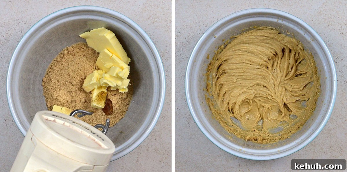 Side-by-side images: the left shows a metal bowl with brown sugar, butter, and vanilla extract, and a hand mixer. The right shows the same bowl with the ingredients creamed together into a smooth, light brown mixture.