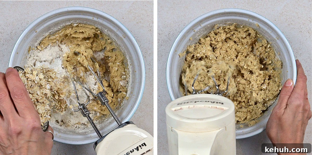 Two side-by-side images show hands using an electric mixer to blend biscuit dough in a bowl; the left image adds oats and flour, and the right image mixes the ingredients together.