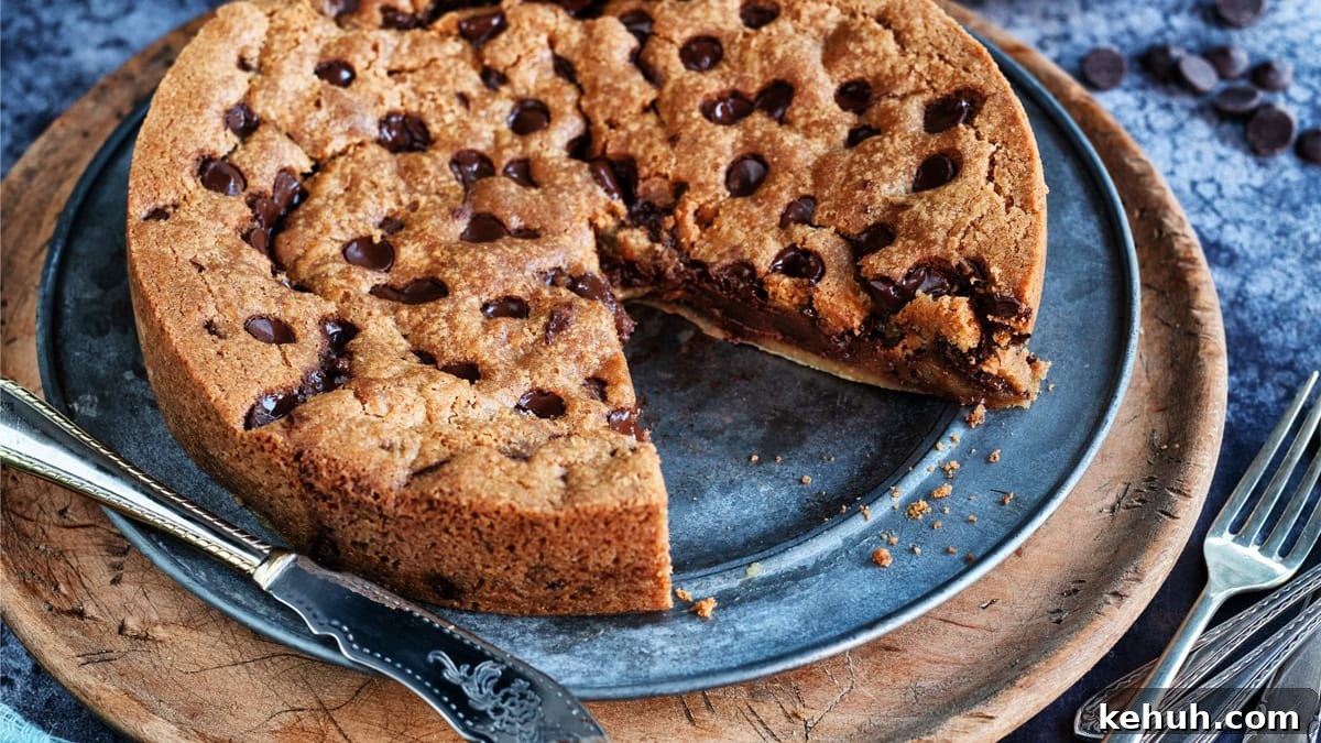 Giant Chocolate Chip Cookie Recipe — Air Fryer or Oven 9 A round, thick chocolate chip biscuit cake on a metal plate, with one slice missing. A vintage knife and fork rest nearby on a rustic wooden board. Chocolate chips are visible on top.