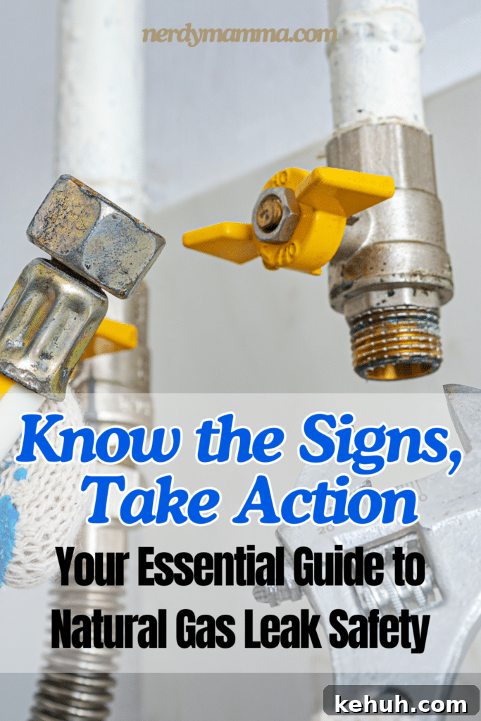 An image of a gas line being repaired with the text - Know the Signs, Take Action: Your Essential Guide to Natural Gas Leak Safety. The site's link is also included in the image.