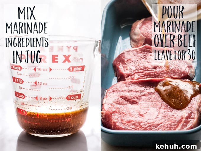 Beef being marinated in a pan for steak fajitas.