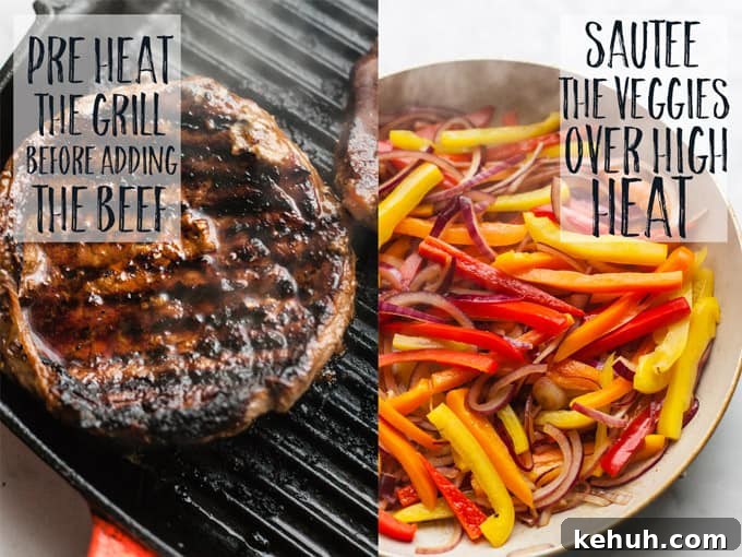 Steak and peppers grilling in a pan for fajitas.