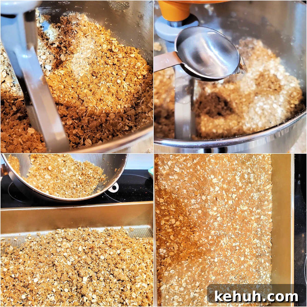 Grandma’s Oatmeal Raisin Bars Recipe for Chewy, Home-Baked Treats 4 A collage of 4 images showing the mixing of the oatmeal dough and pressing it into the pan for raisin bars.