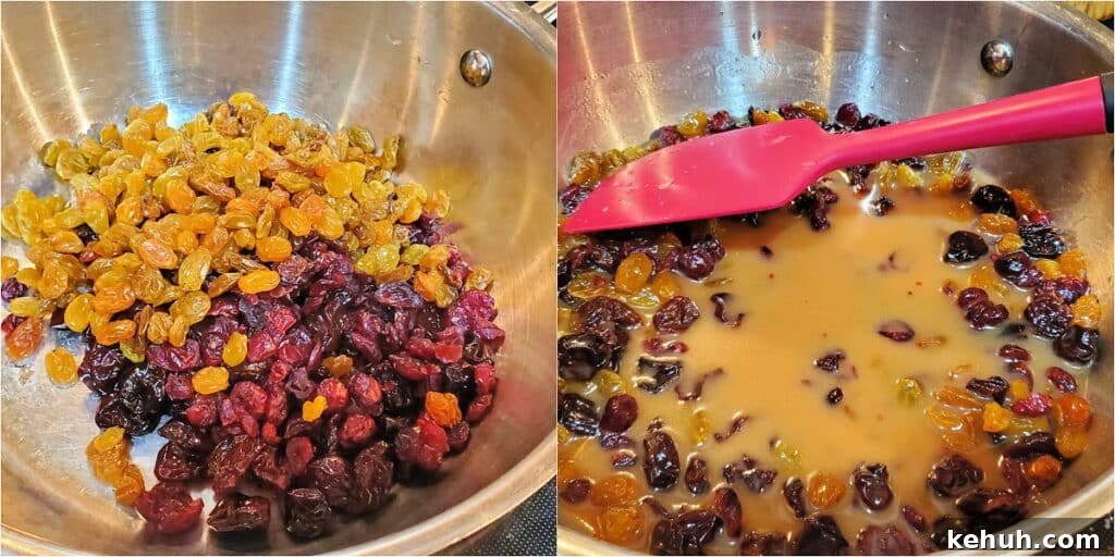 Grandma’s Oatmeal Raisin Bars Recipe for Chewy, Home-Baked Treats 5 Collage of 2 images, one of dried fruit in a pan, and the other with the addition of sugar, water, and cornstarch. The liquid looks tan and opaque before cooking.