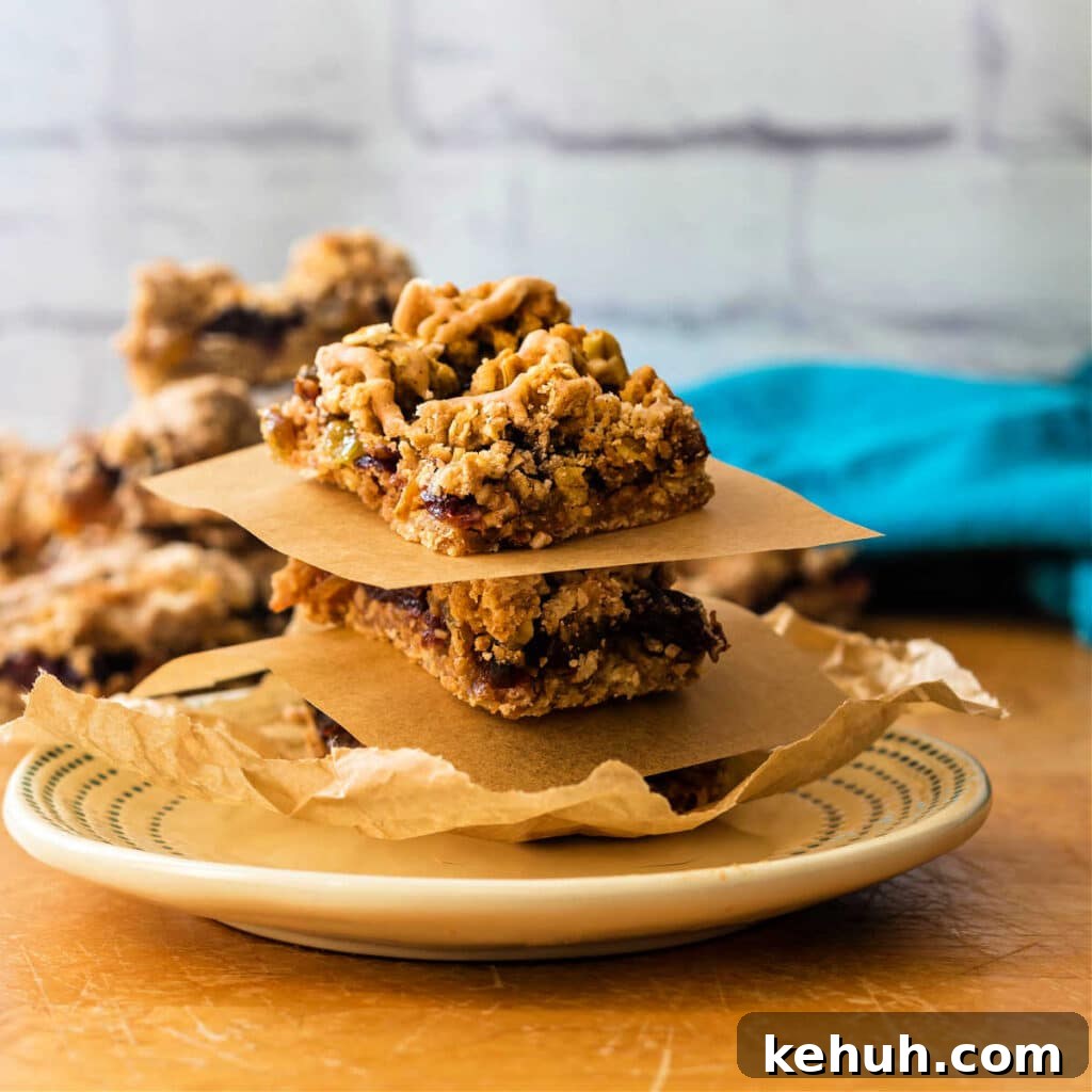 Grandma’s Oatmeal Raisin Bars Recipe for Chewy, Home-Baked Treats 6 A stack of three oatmeal raisin bars on a plate. Each is separated by a tan piece of parchment.