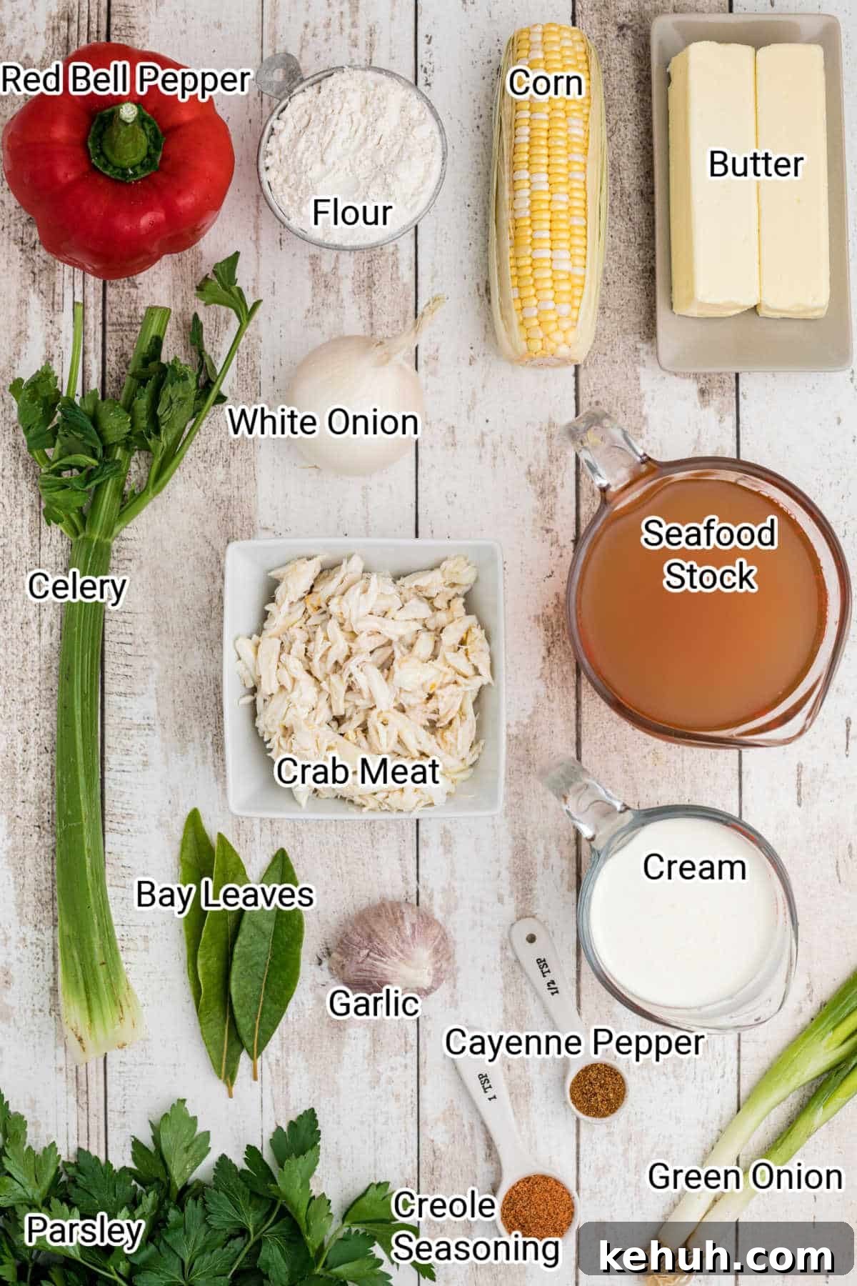 ingredients for a corn and crab bisque all laid out