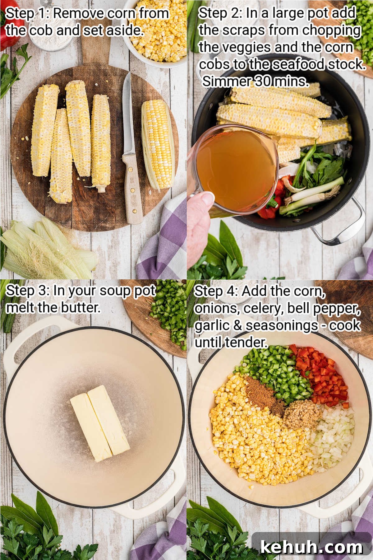 four images showing how to make a corn and crab bisque steps 1 through 4